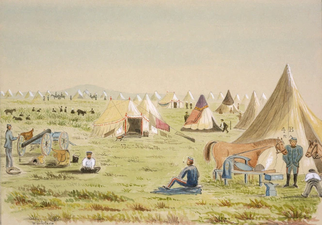 Hamley, Joseph Osbertus, 1820-1911 :Camp at Waitotara, Taranaki - Wanganui [1864. One of our Brasier's non fighting days]