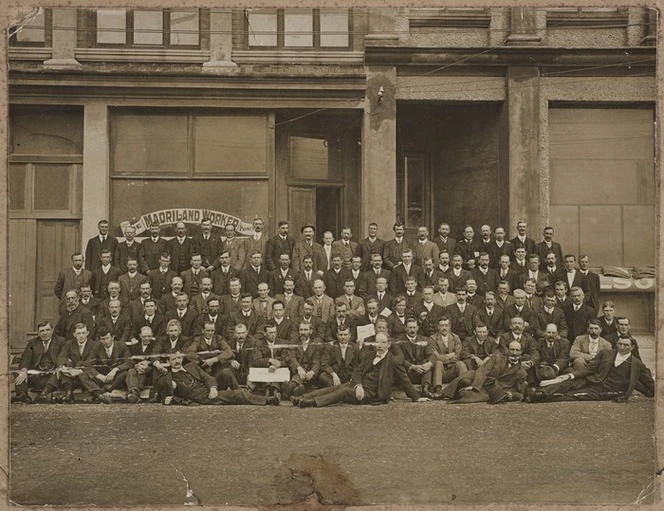 Tibbutt, Walter Francis, -1929: Photograph of group outside Maoriland Worker office, Wellington
