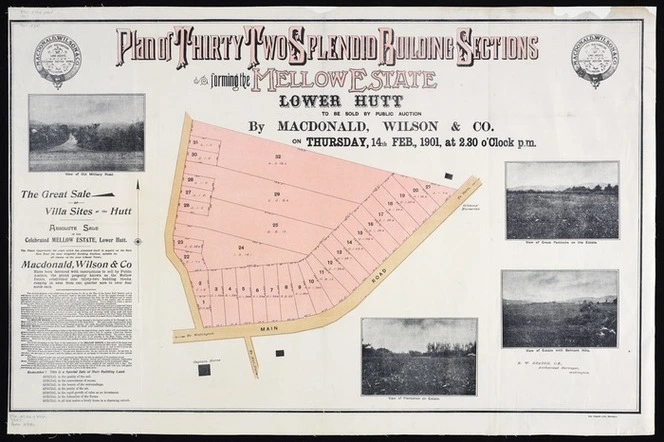 Plan of thirty two splendid building sections forming the Mellow estate, Lower Hutt  / E. W. Seaton, auth. surv.