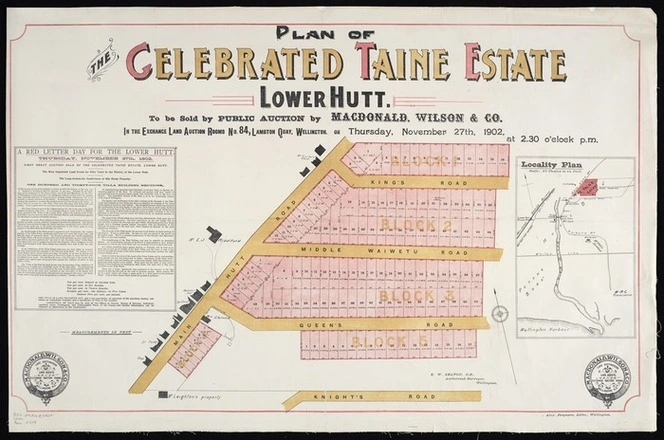 Plan of the celebrated Taine estate, Lower Hutt  / E. W. Seaton, auth. surv.
