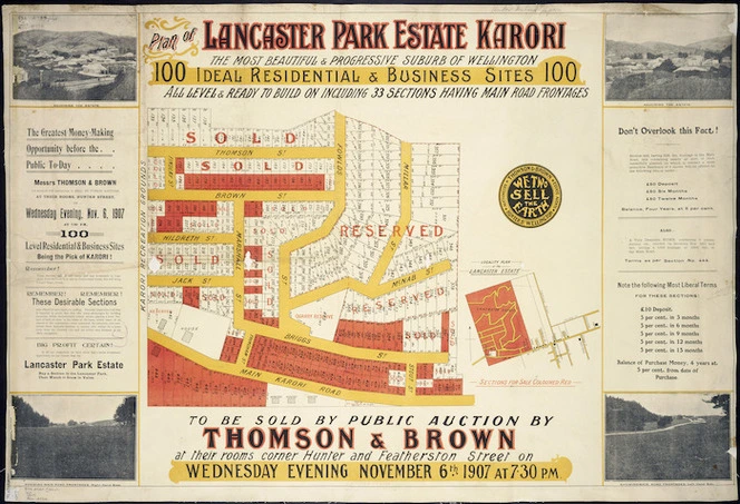 Plan of Lancaster Park Estate, Karori [cartographic material] : the most beautiful & progressive suburb of Wellington : 100 ideal residential & business sites.