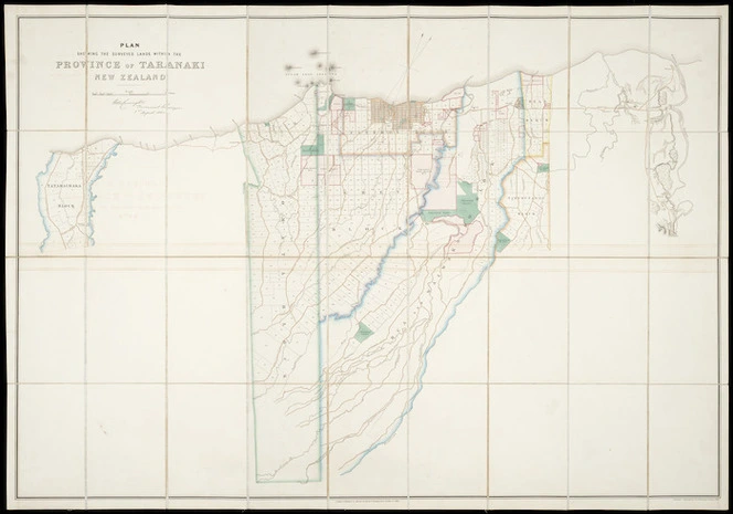 Plan shewing the surveyed lands within the province of Taranaki, New Zealand [cartographic material] / [surveyed by] Octa. Carrington.