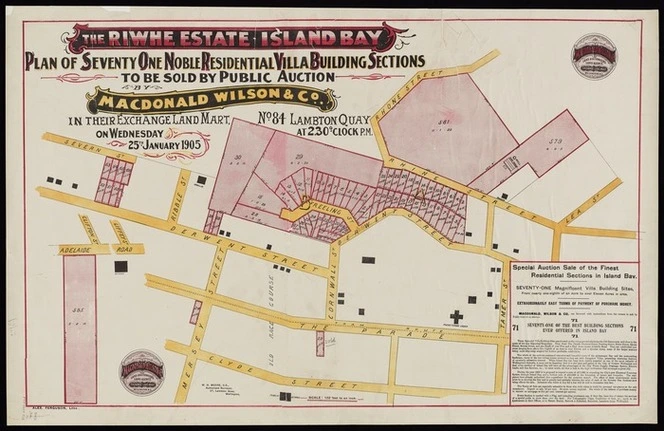 The Riwhe estate, Island Bay : plan of seventy one noble residential villa building sections to be sold / [surveyed by] W.O. Beere.