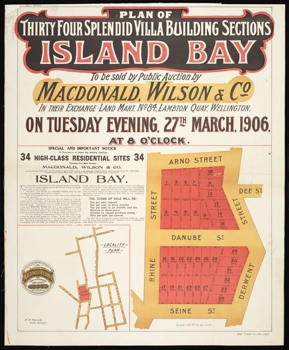 Plan of thirty four splendid villa building sections, Island Bay / H.P. Hanify, surveyor.