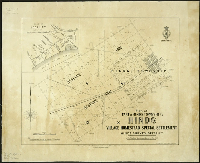 Plan of part of Hinds township & Hinds village homestead special settlement [cartographic material] : Hinds survey district / L.O. Mathias, assistant surveyor, Novr. 86.