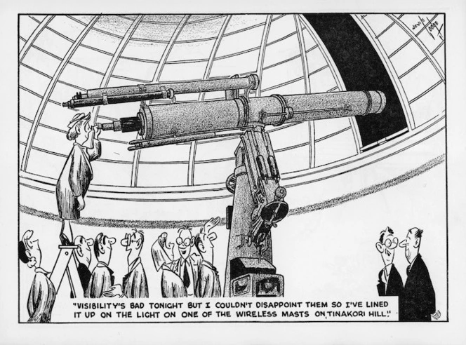 Lodge, Nevile Sidney 1918-1989 :"Visibility's bad tonight but I couldn't disappoint them so I've lined it up on the light on one of the wireless masts on Tinakori Hill." Nevile Lodge, 1952.