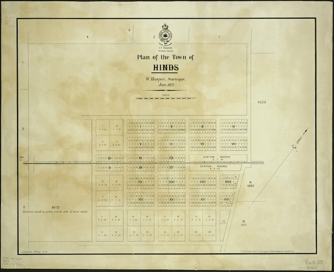 Plan of the town of Hinds [cartographic material] / W. Harper, surveyor, Jan. 1879.
