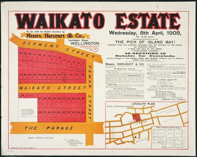 Waikato Estate [cartographic material] : to be sold by public auction by Messrs. Harcourt & Co., Lambton Quay, Wellington, Wednesday, 8th April, 1908.
