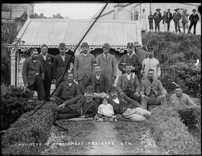 Management Committee, Parihaka Pa. Collis, William Andrews, 1853-1920 :Negatives of Taranaki. Ref: 10x8-1752-G. Alexander Turnbull Library, Wellington, New Zealand. http://natlib.govt.nz/records/22727187