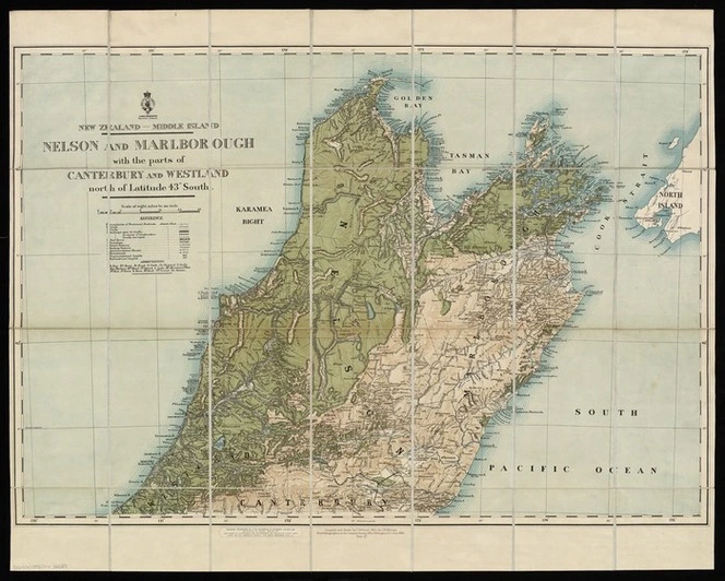 Nelson and Marlborough with the parts of Canterbury and Westland north of latitude 43° south [cartographic material] : New Zealand, Middle Island / compiled and drawn by T.M. Grant ; hills by J.M. Malings ; photolithographed at the General Survey Office.