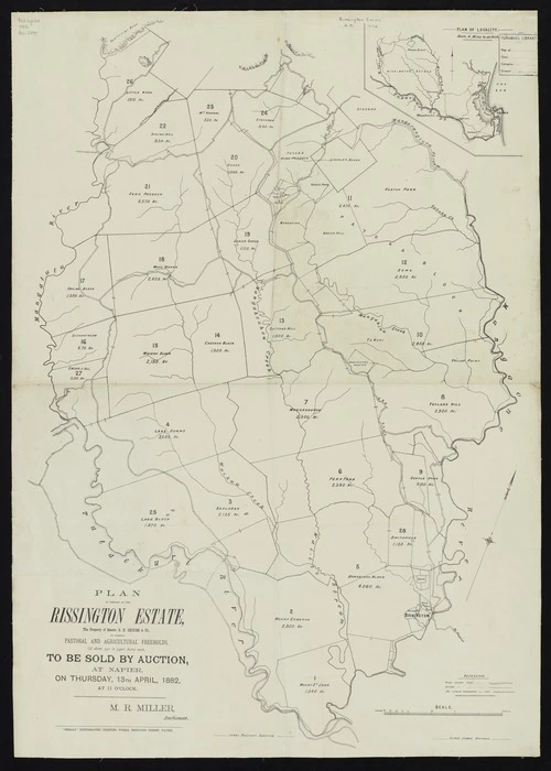 Plan of portion of the Rissington estate, the property of Messrs. R.H. Rhodes & Co., in compact pastoral and agricultural freeholds : to be sold by auction at Napier on Thursday, 13th April, 1882.