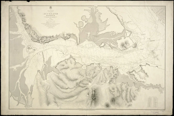 Entrances to Auckland harbour [cartographic material] / surveyed by Captn. J.L. Stokes, Comr. B. Drury ... 1849-55 ; reduced from the original drawings by Edward J. Powell of the Hydrographic Office ; J.& C. Walker, sculpt.