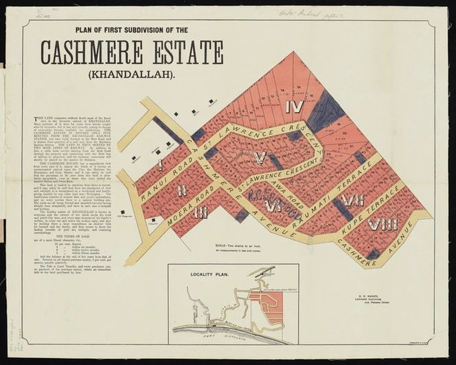 Plan of first subdivision of the Cashmere Estate (Khandallah) / H.P. Hanify, surveyor.
