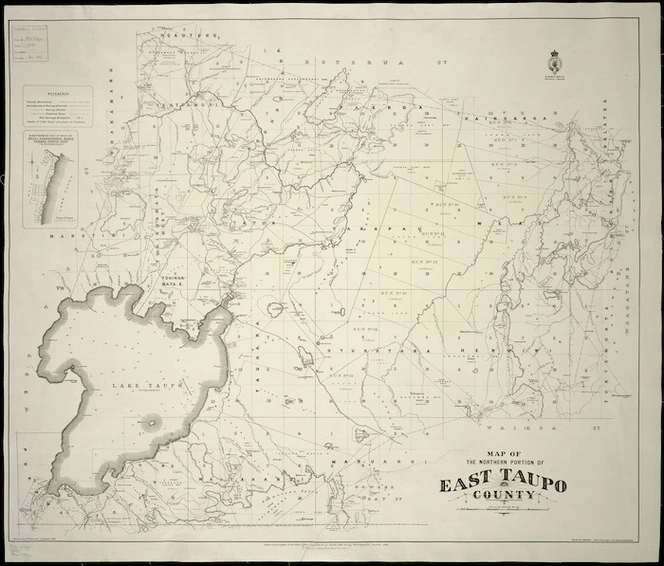 Map of the northern portion of East Taupo County [cartographic material] / drawn by W. Deverell, August 1891 ; Gerhard Mueller, Chief Surveyor, Auckland district ; A. Barron, superintending surveyor.