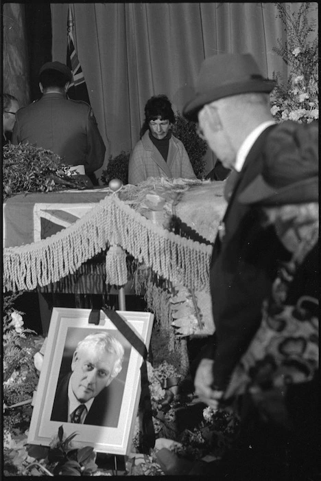 Scene alongside the coffin of the late Prime Minister Norman Kirk, in Parliament House, Wellington, September 1974
