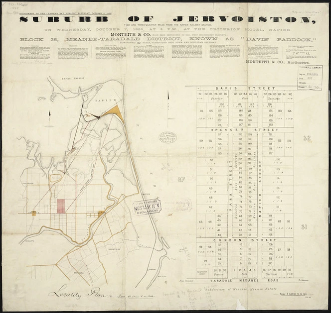 Suburb of Jervoiston, two and three-quarter miles from the Napier Railway Station ... block 38 [cartographic material] : Meanee-Taradale district known as "Davis' Paddock" comprising 80 acres, subdivided into town and suburban sections / [surveyed by] C.D. Kennedy.