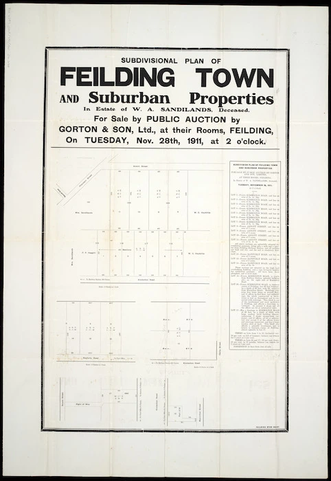 Subdivisional plan of Feilding town and suburban properties [cartographic material].