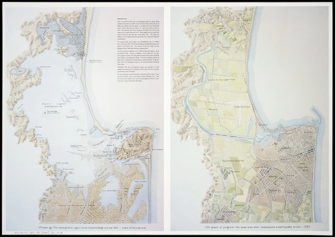 100 years ago [cartographic material] : plan showing Ahuriri Lagoon, Scinde Id. & surroundings -up to & at 1865 ;  100 years of progress : the same area after reclamations & earthquake action, 1965.