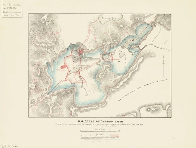 Map of the Rotomahana Basin [cartographic material] : shewing the lake as it was before the eruption, as it was in the month following the eruption of 10th June 1886, and the approximate limits of the lake in 1893.