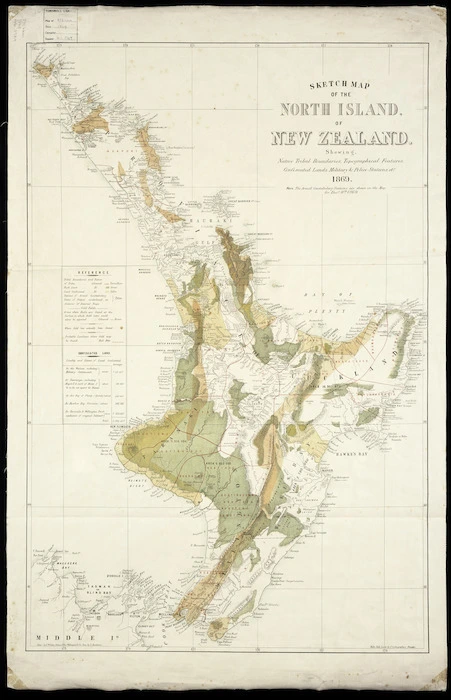 Sketch map of the North Island of New Zealand shewing native tribal boundaries, topographical features, confiscated lands, military & police stations, etc. [cartographic material].