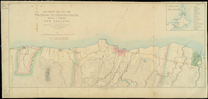 Plan shewing coast line from Waitara to Tataraimaka, Province of Taranaki, New Zealand [cartographic material] / compiled and lithd. at the Topographical Depot, War Office ; Col. Sir H. James, R.E., F.R.S. &c., director.
