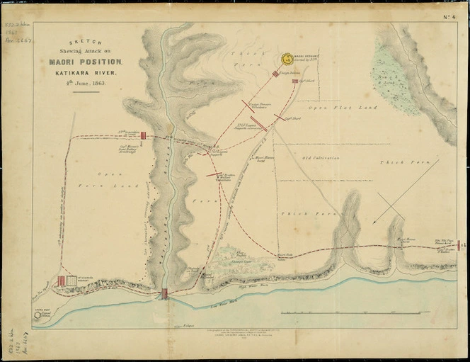 Sketch shewing attack on Māori position, Katikara River, 4th June 1863 [cartographic material].