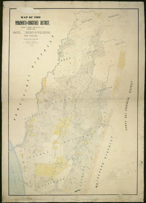 Map of the Manawatu-Rangitikei district [cartographic material] : comprising the Manawatu, Oroua and part of the Horowhenua counties, provincial district of Wellington, New Zealand / compiled and published by F. Harold Tronson.