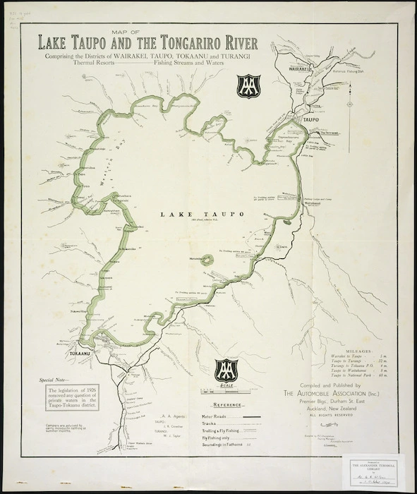 Map of Lake Taupo and the Tongariro River, comprising the districts of Wairakei, Taupo, Tokaanu and Turangi [cartographic material].