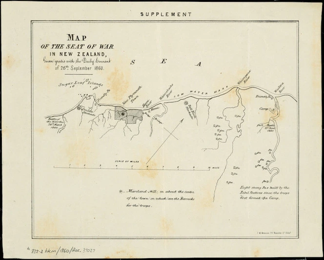 Map of the seat of war in New Zealand [cartographic material] : given gratis with the Daily Courant of 26th September 1860.