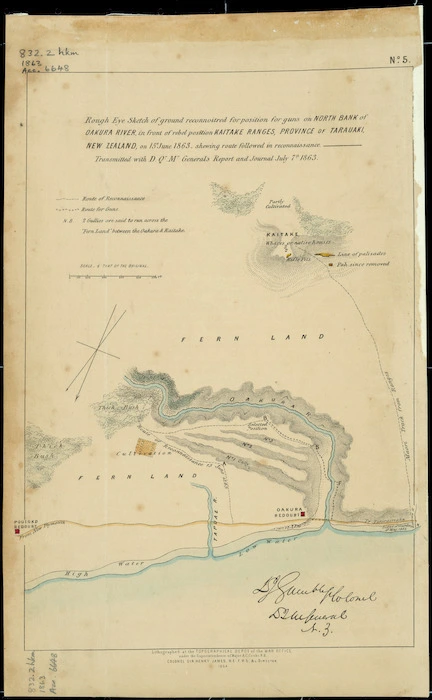 Rough eye sketch of ground reconnoitred for position for guns on north bank of Oakura River in front of rebel position Kaitake Ranges, Province of Taranaki, New Zealand [cartographic material] : shewing route followed in reconnaissance : transmitted with D.Qr.Mr. General's report and journal, July 7th 1863.