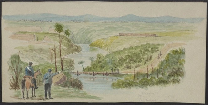 Hamley, Joseph Osbertus 1820-1911 :Waiari. Hongi's pah on the left - 70th Regt's redoubt on the right. [February 1864]