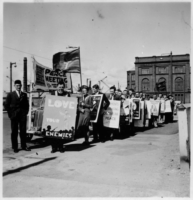 Poster parade for peace during World War II. Ross, H V :Photographs of Nell Burton on a soapbox ; poster parade. Ref: 1/2-152943-F. Alexander Turnbull Library, Wellington, New Zealand. http://natlib.govt.nz/records/23143575