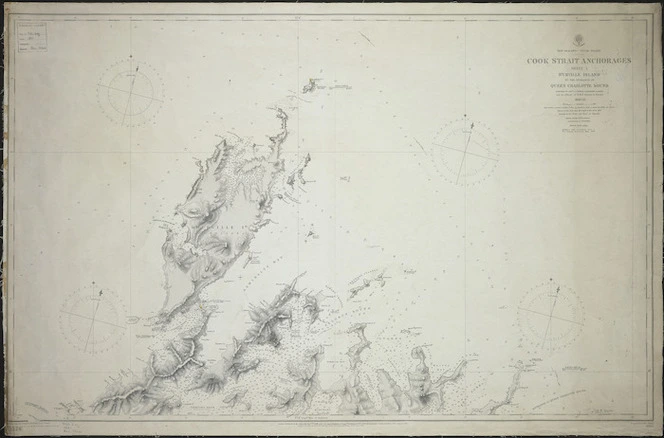 Cook Strait anchorages. Sheet 1, D'Urville Island to the entrance of Queen Charlotte Sound [cartographic material] / surveyed by J.L. Stokes, B. Drury and the officers of H.M.S. Acheron & Pandora 1849-53 ; engraved by J. & C. Walker.