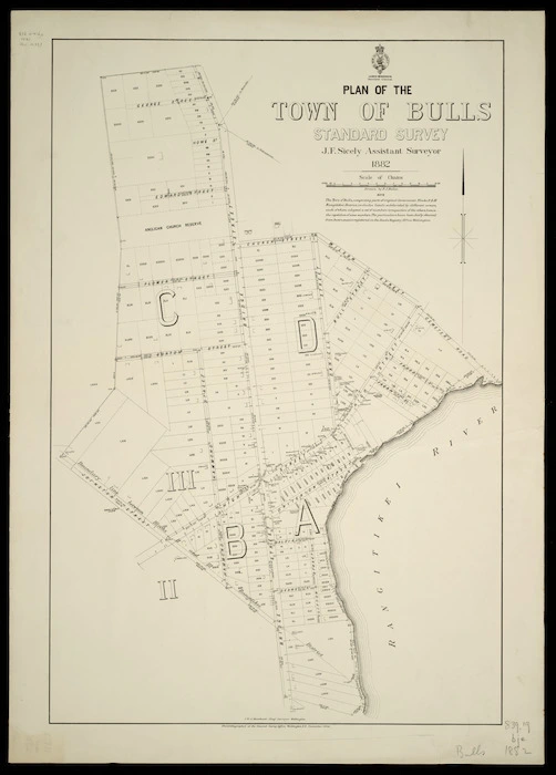 Plan of the town of Bulls, standard survey [cartographic material] / J.F. Sicely, assistant surveyor, 1882 ; drawn by F.J. Halse ; J.W.A. Marchant, chief surveyor, Wellington.