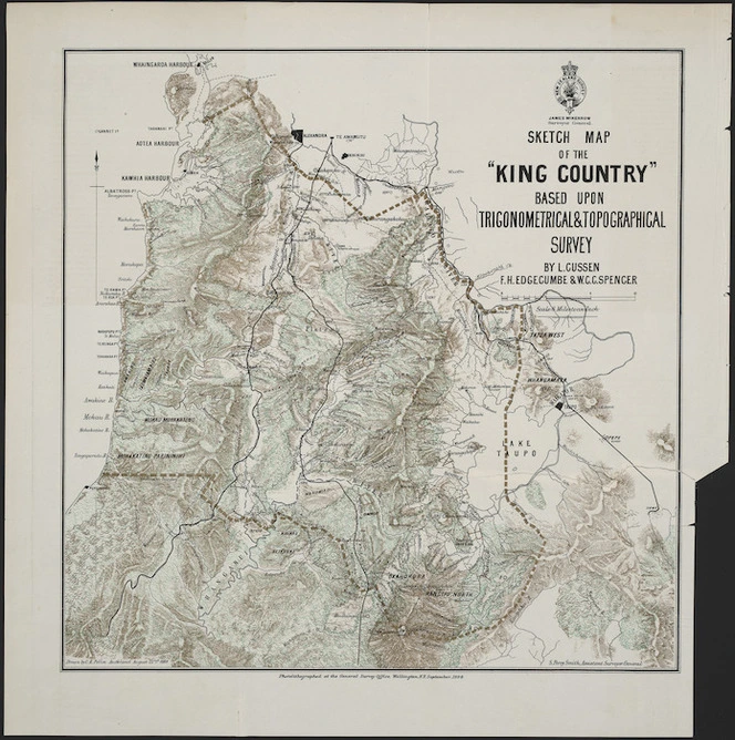 Sketch map of the King Country based upon trigonometrical & topographical survey [cartographic material] / by L. Cussen, F.H. Edgecumbe & W.C.C. Spencer ; drawn by C.R. Pollen, Auckland, August 22nd. 1884.