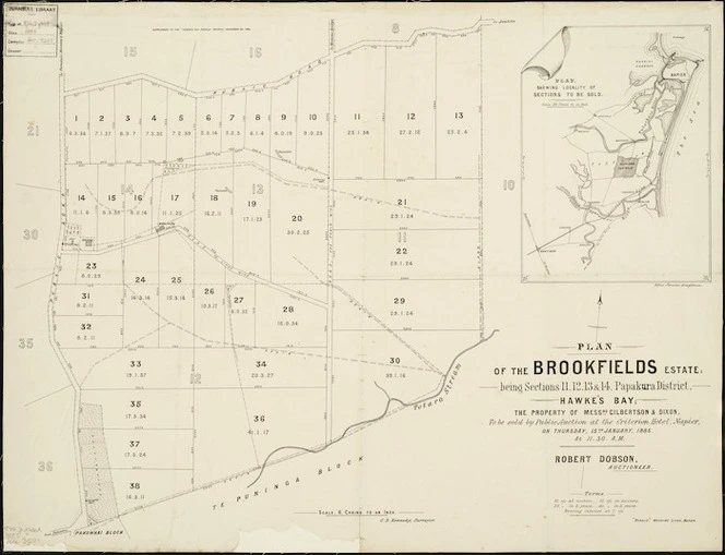 Plan of the Brookfields estate being sections 11, 12, 13 & 14, Papakura District, Hawke's Bay [cartographic material] : the property of Messrs. Gilbertson & Dixon / C.D. Kennedy, surveyor.
