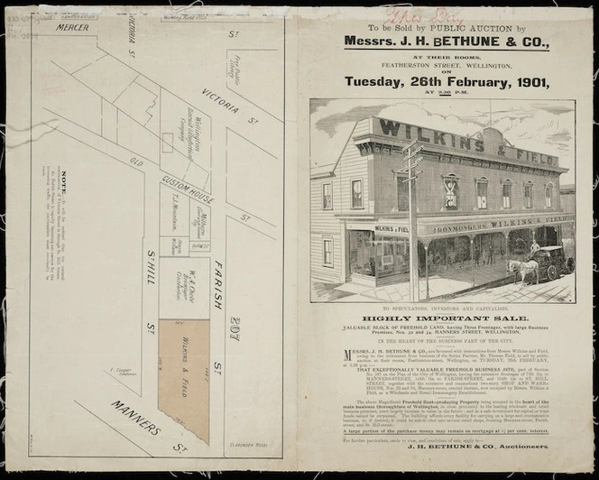 Valuable block of freehold land, having three frontages, with large business premises, nos. 32 and 34 Manners Street, Wellington [cartographic material] : frontages to Manners St., Farish St., and St. Hill St.