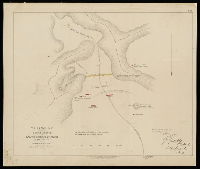 Te Rangi, N.Z. [cartographic material] : rough sketch of ground occupied by rebels on 21st June 1864 / by Lt. Warburton ... sketched on day of action.