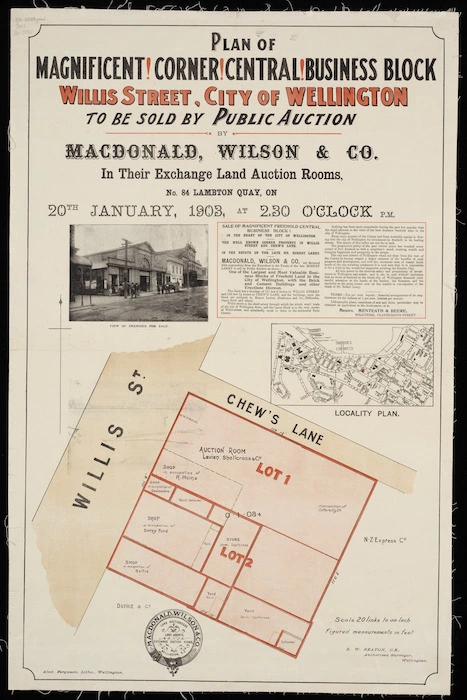 Plan of magnificent corner [cartographic material] : central business block, Willis street / E.W. Seaton, surveyor.
