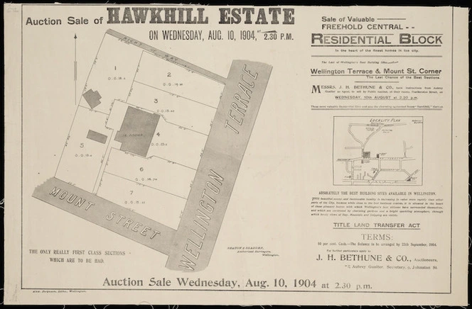 Auction sale of Hawkhill Estate ... Wellington Terrace & Mount St. corner [cartographic material] / Seaton & Sladden, surveyors.