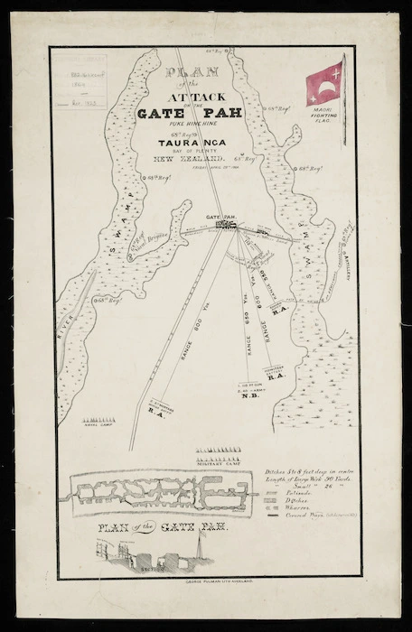 Plan of the attack on the Gate Pah, Puke Hine Hine, Tauranga, Bay of Plenty, New Zealand, Friday April 29th 1864 [cartographic material].