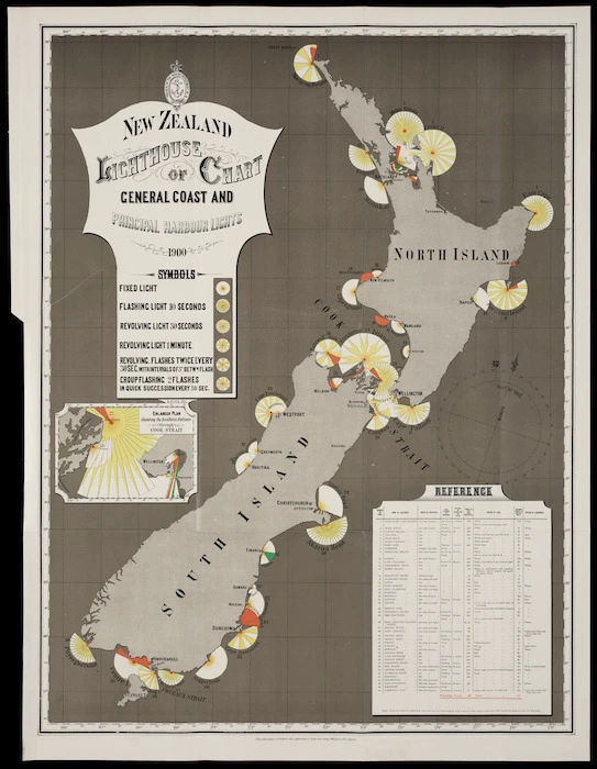 New Zealand lighthouse chart of general coast and principal harbour lights, 1900 [cartographic material] / A Koch, del.