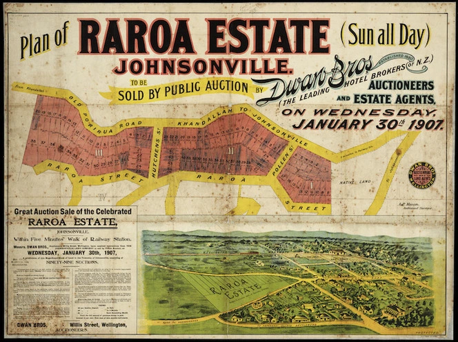 Plan of Raroa estate, Johnsonville [cartographic material] : to be sold ... January 30th, 1907 / [surveyed by] A.P. Mason.