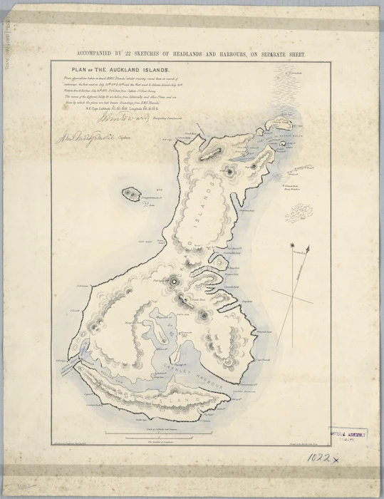 Plan of the Auckland Islands [cartographic material] : from observations taken on board HMS Blanche whilst cruising round them in search of castaways ... July ... 1870 / J. Buchanan, draftsman, Geol. Dept. NZ.