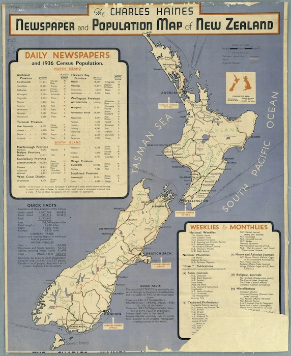 The Charles Haines newspaper and population map of New Zealand [cartographic material].