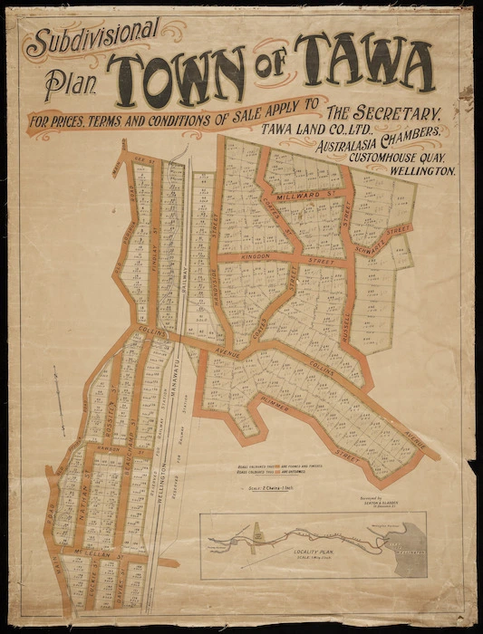 Subdivisional plan town of Tawa [cartographic material] / surveyed by Seaton & Sladden.