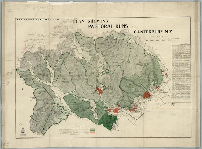 Plan shewing pastoral runs in Canterbury, N.Z. [cartographic material] / John H. Baker, Chief Surveyor, Christchurch.