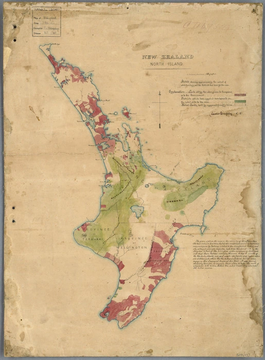 North Island ... sketch showing approximately the extent of white territory, and the districts which have fed the war ... [cartographic material] / [by] Charles Heaphy.