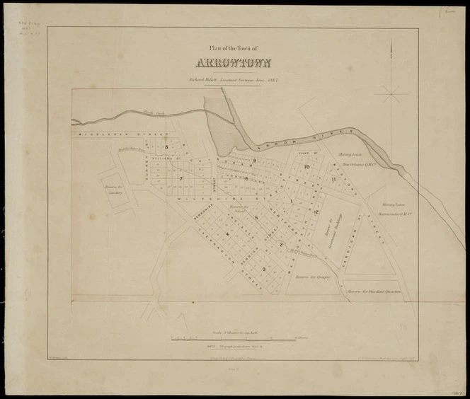Plan of the town of Arrowtown [cartographic material] / Richard Millett, assistant surveyor, June 1867 ; W. Spreat, Lith ; J.T. Thomson, Chief Surveyor.