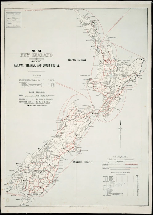 Map of New Zealand shewing railway, steamer and coach routes [cartographic material].